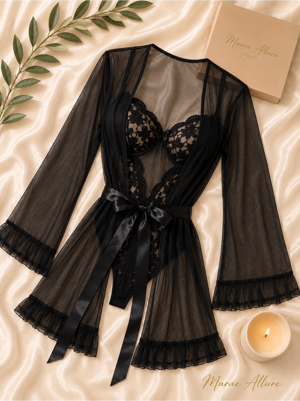 NWT Black Sheer Lingerie Teddy Robe Stockings Set - Picture 2 of 3